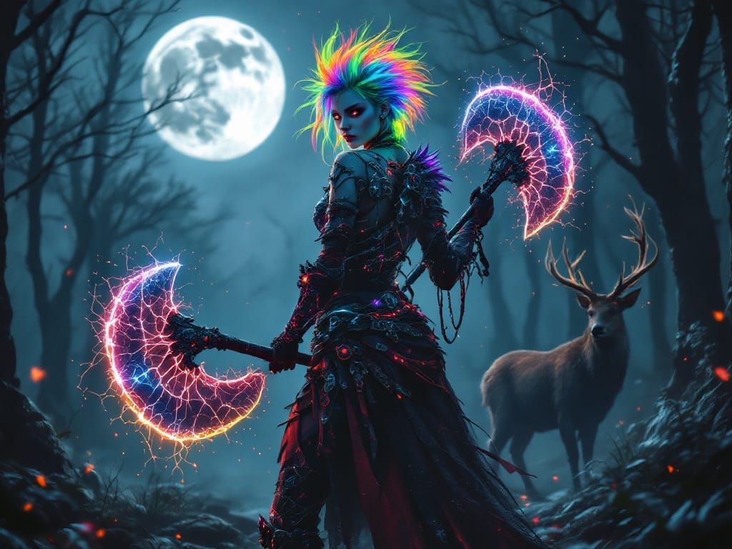 Gothic Warrior Goddess with Neon Rainbow Hair