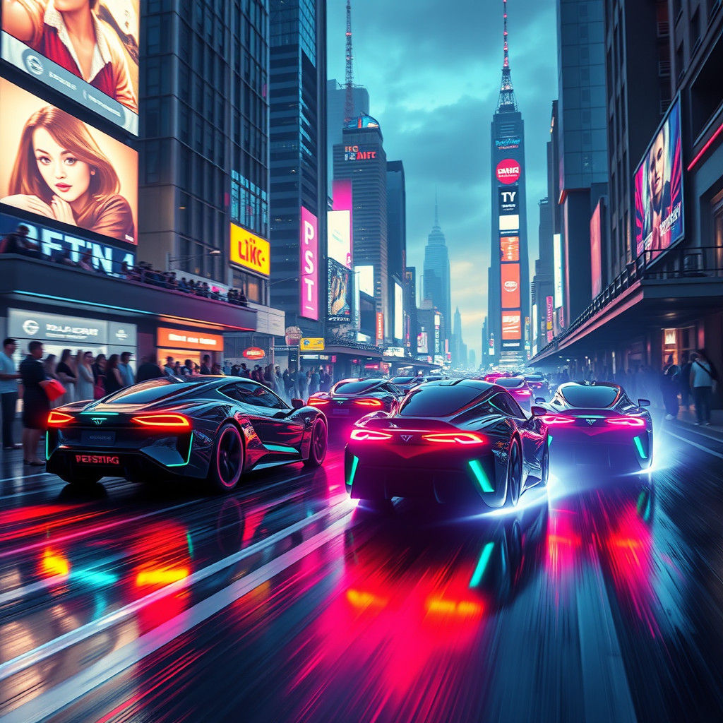 Electric Cars Racing Through Neon Futuristic City
