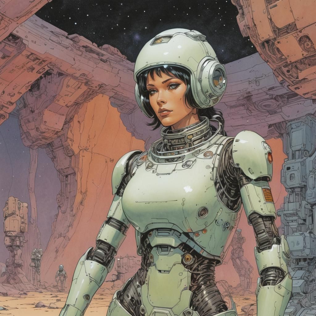 Dreamlike Cyborg Woman in Space, Pen and Ink