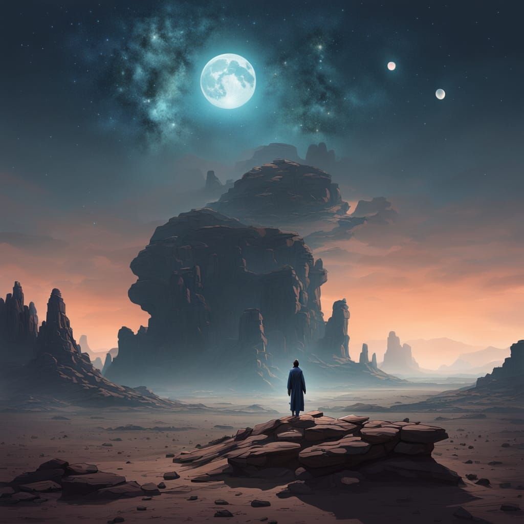 Ethereal Figure in Alien Desert Under Twin Moons