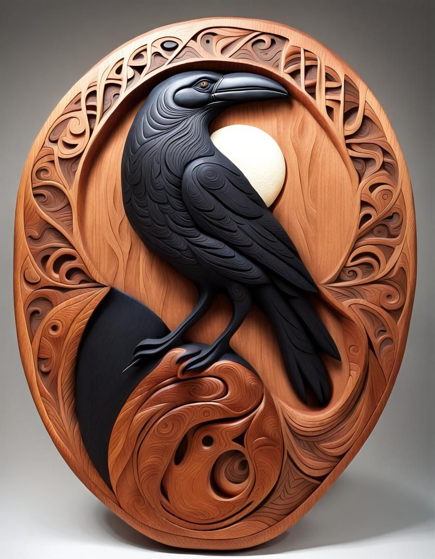 Māori Style Raven and Moon Wood Carving
