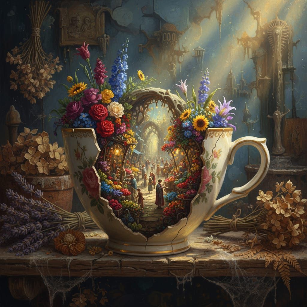 Miniature Flower Market Inside Vintage Cracked Cup
