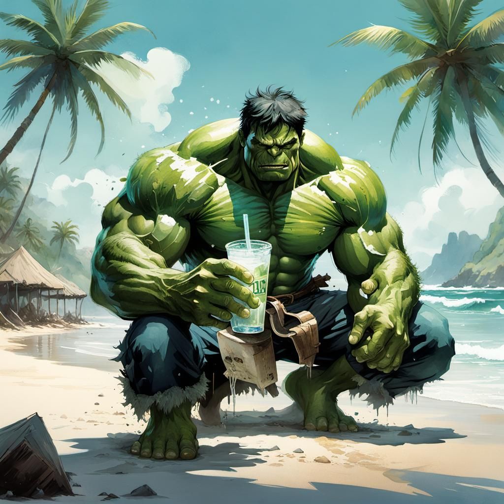"Cinematic Hulk superhero, casual wear, drinking coconut water, in marena beach, illustration by Alessandro 'Talexi' Tai...