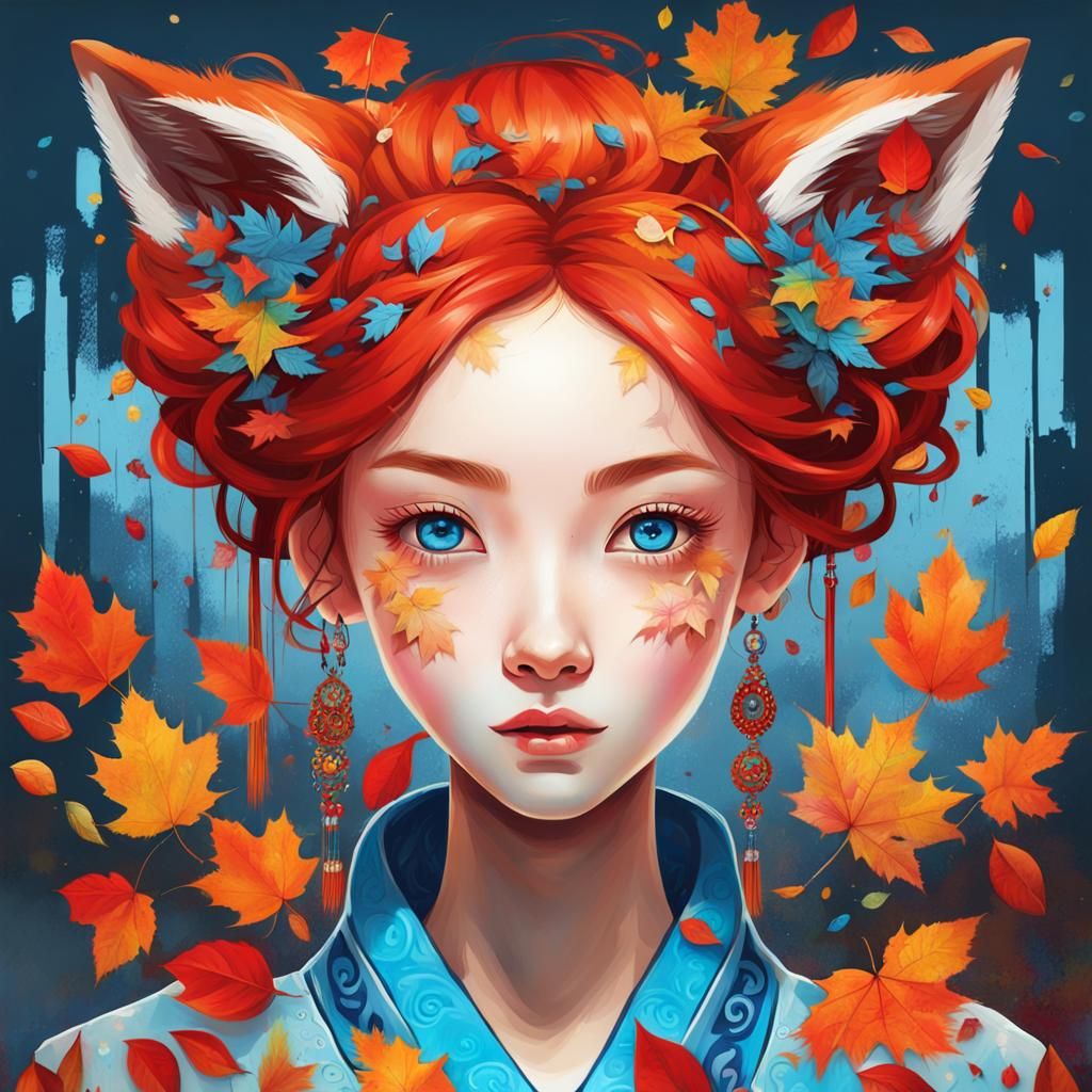 Red-Haired Girl in Hanbok Dress, Graffiti Art