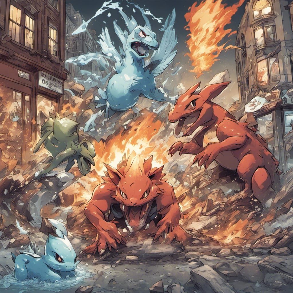 Pokemon Battle in City Street: Comic Book Art