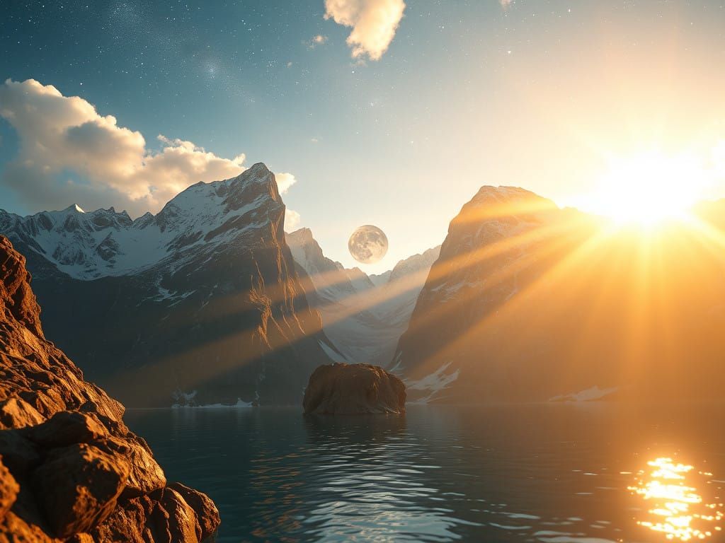 Hyper Realistic Mountain Landscape with Radiant Light and Gl...