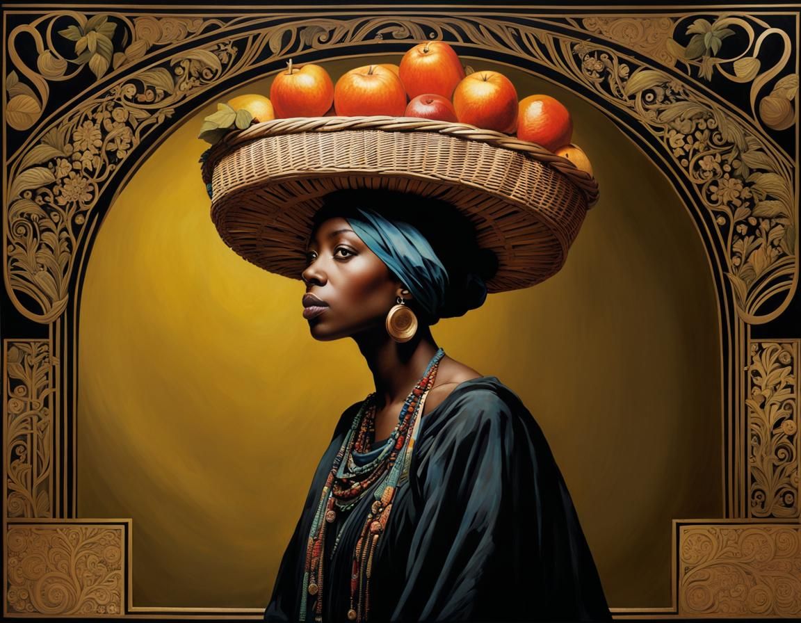 Woman with Basket: Biomorphic Art Nouveau Painting