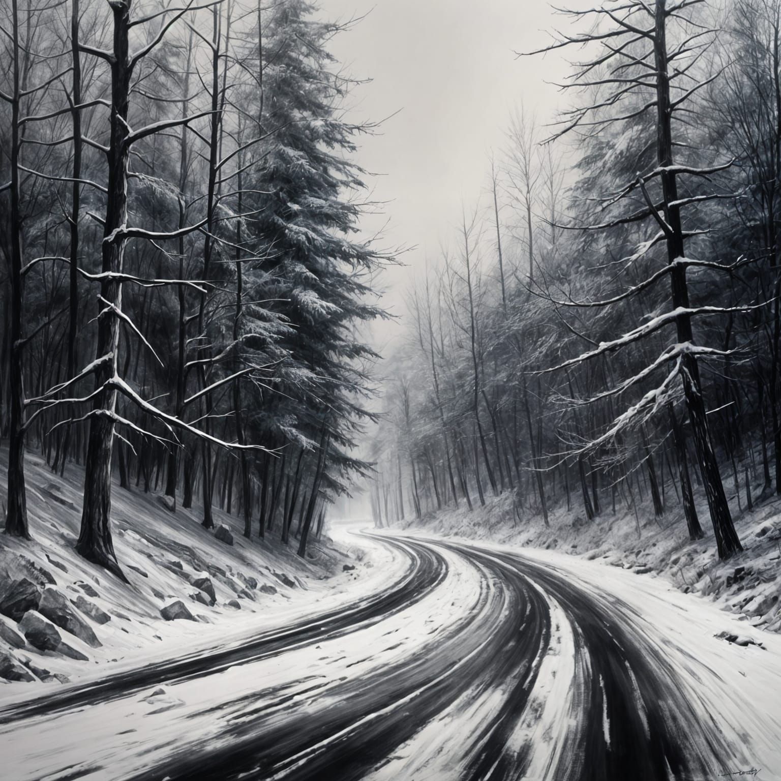 Winter Highway Landscape in Hyperdetailed Charcoal Drawing S...