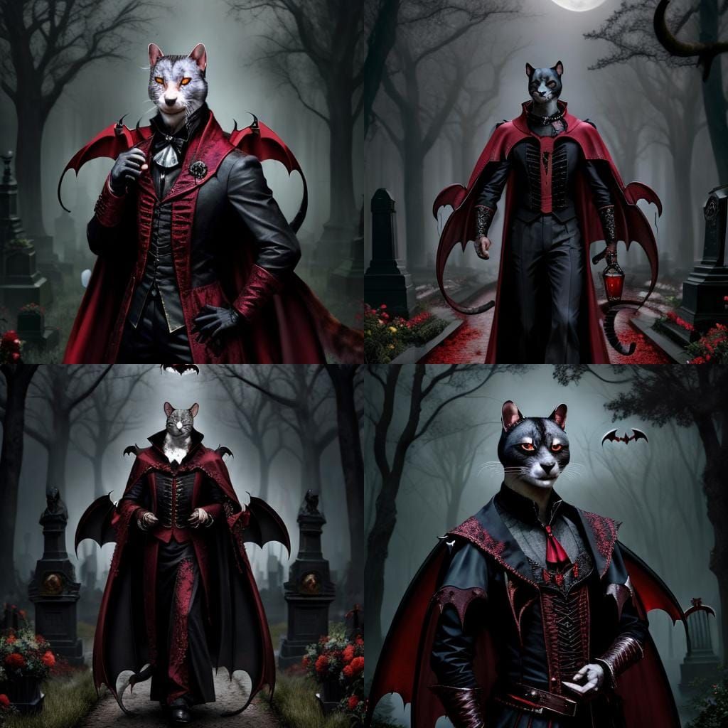 Cat Vampire in Rococo Attire in Cemetery