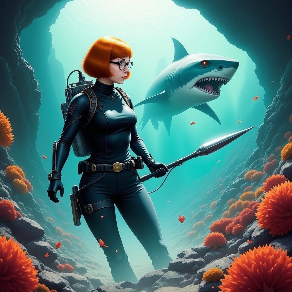 Velma Dinkley in scuba diving gear, with spear gun hunting a shark monster, in crystal blue coral seas <lora:Velma:1.0>