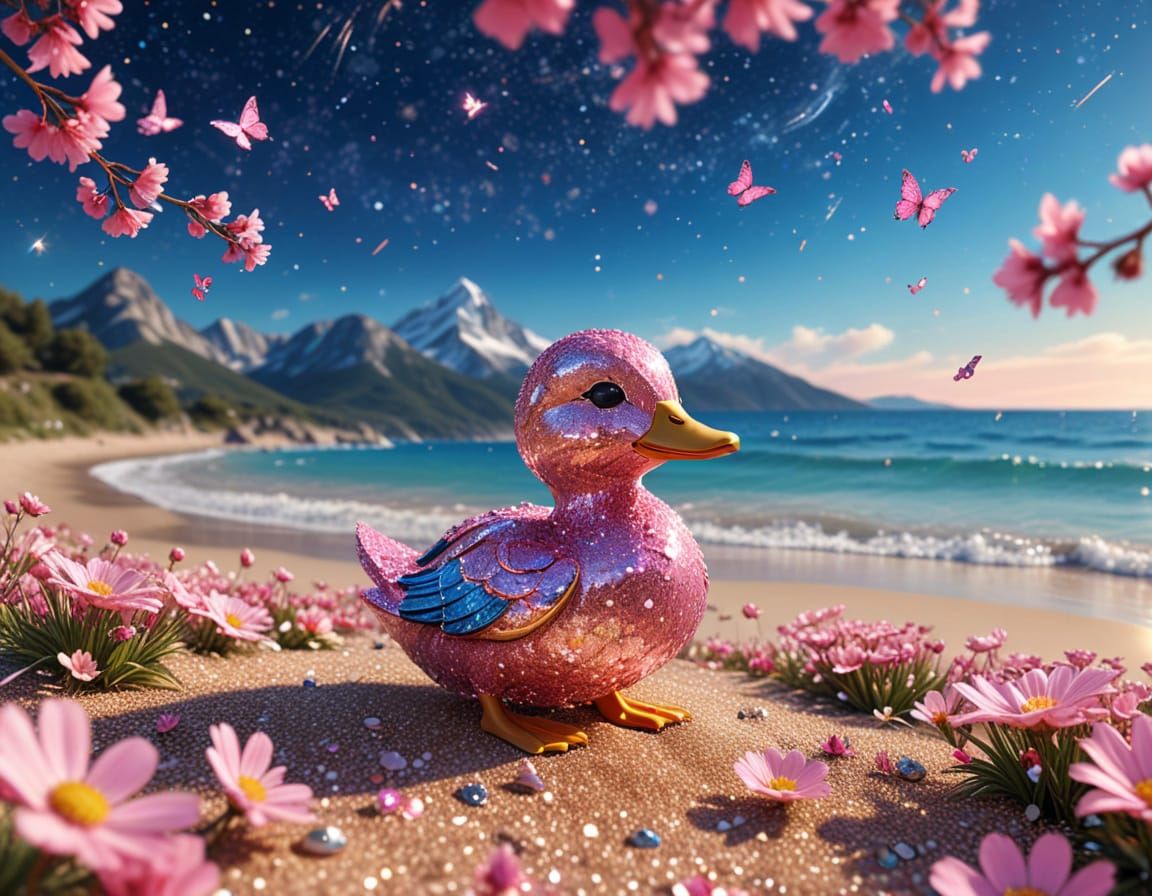 Pink Duck in Starry Meadow with Butterflies