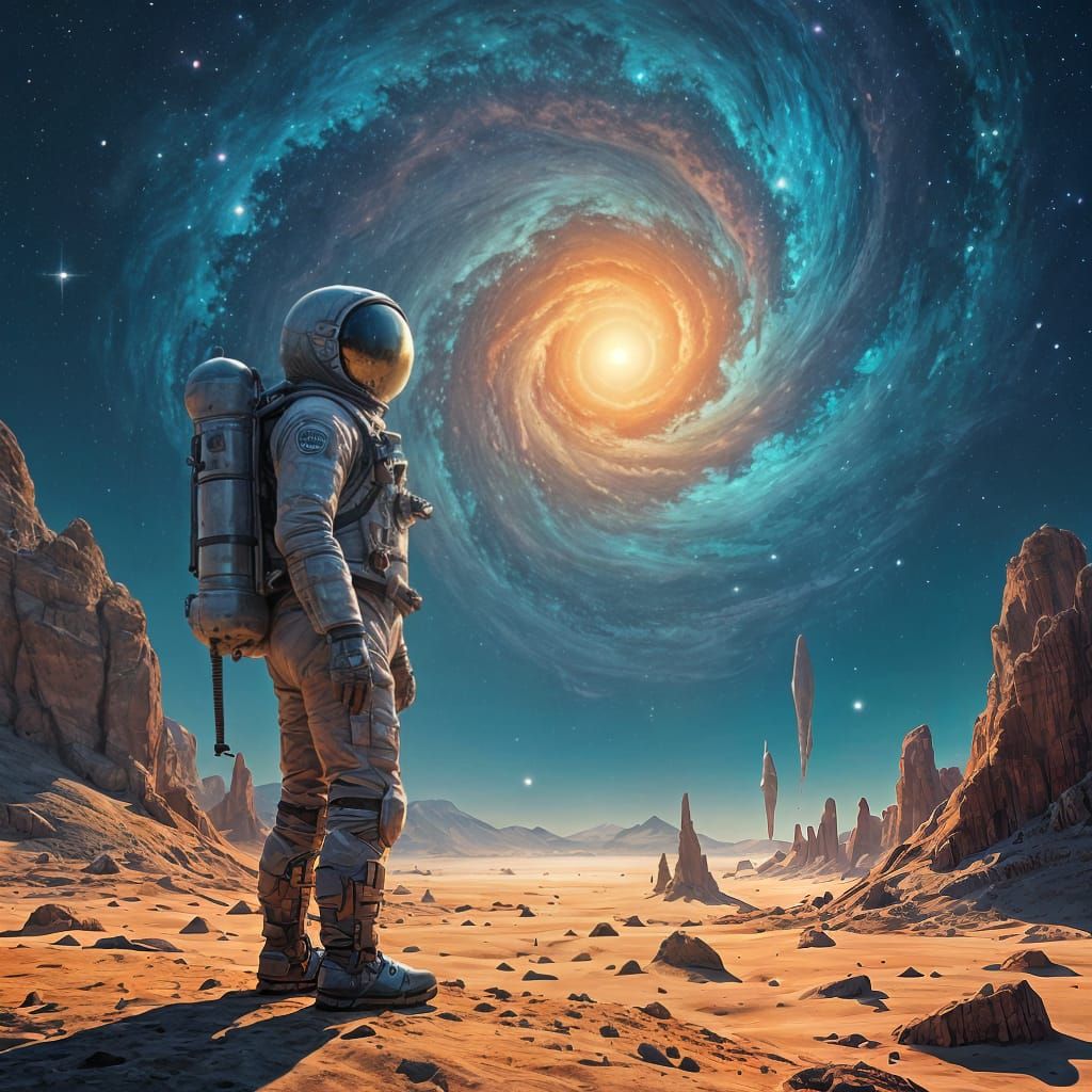 Cosmic Surrealist Landscape: Alien Planet and Swirling Nebul...