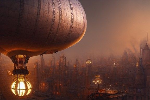 Steampunk Blimp Over City: Digital Matte Painting