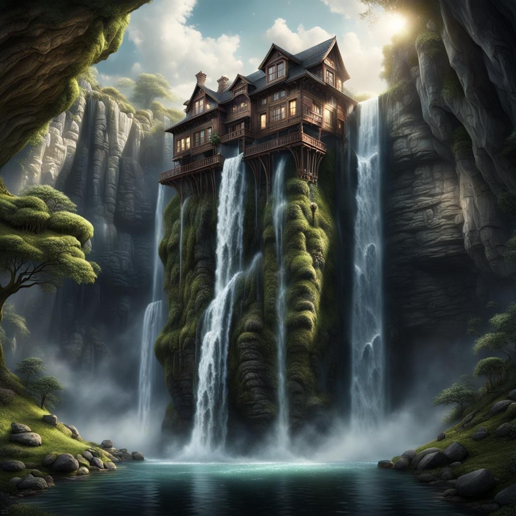House Hidden Behind Waterfall: Epic Digital Painting
