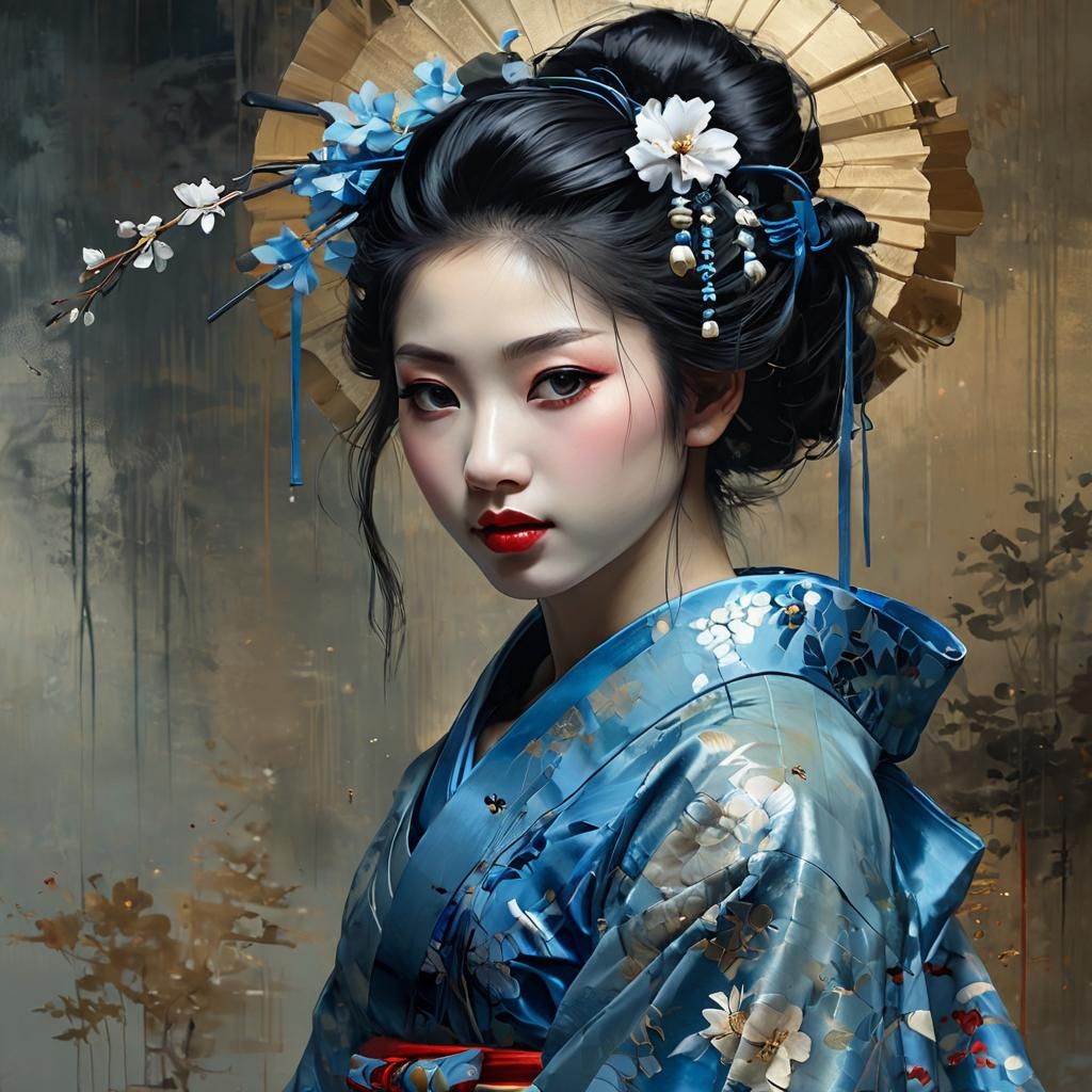 Beautiful Geisha Portrait in Blue Tulle
