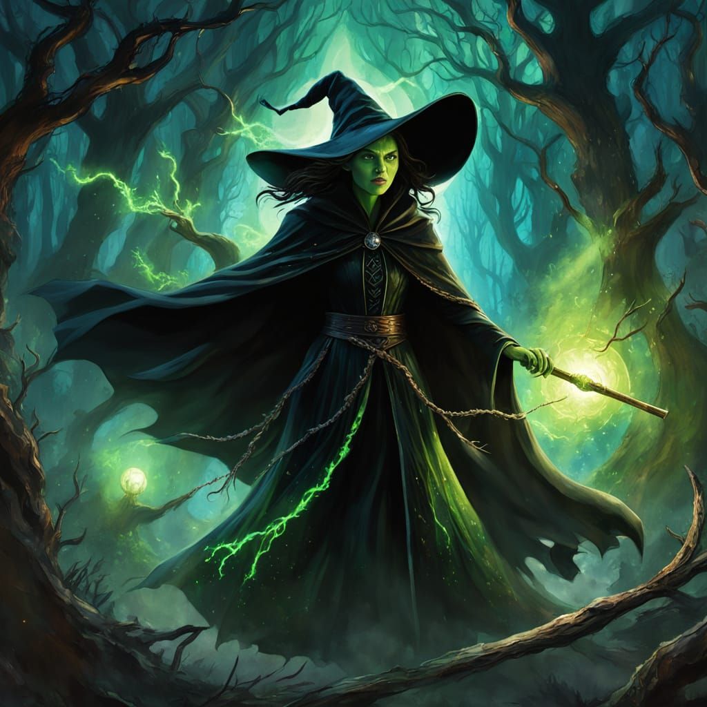 Elphaba Flies Through Dark Forest in Fantasy Concept Art
