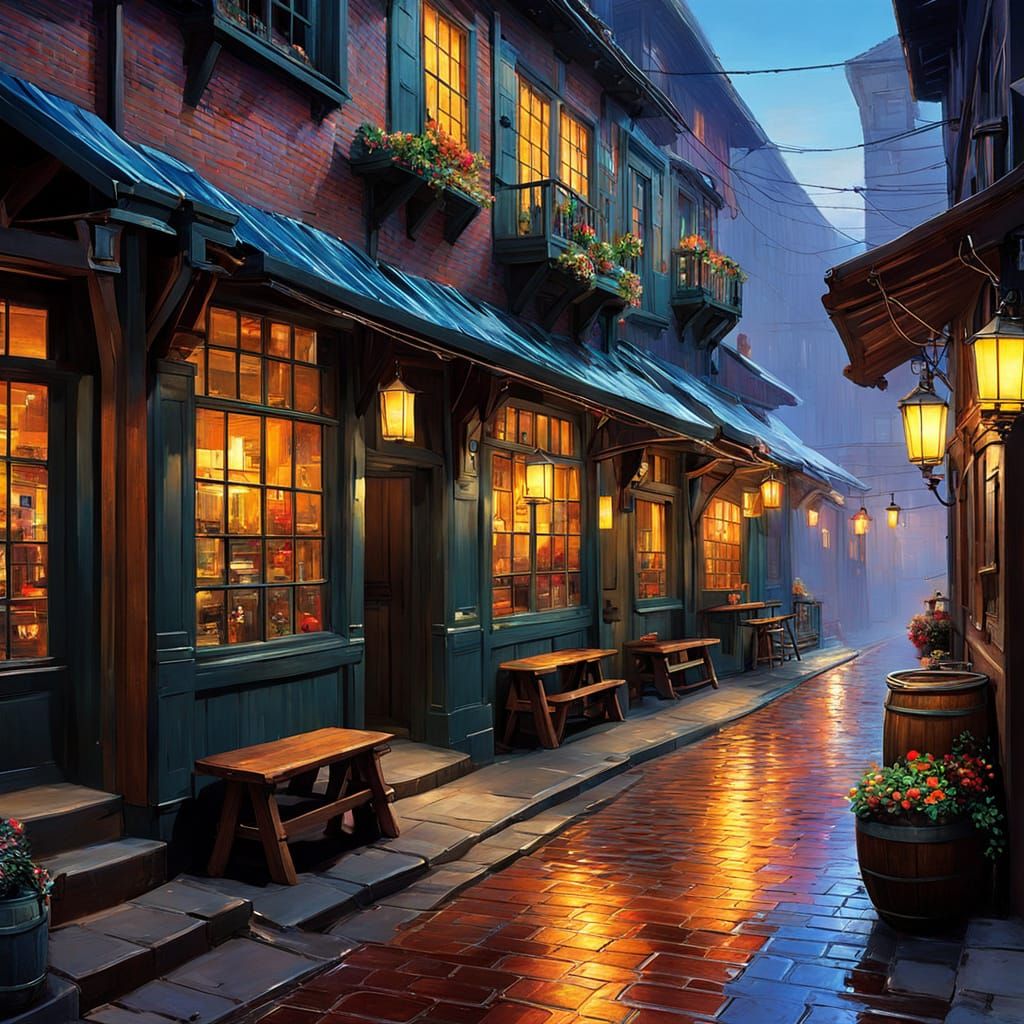 Bright Tavern Scene with Anime Influence