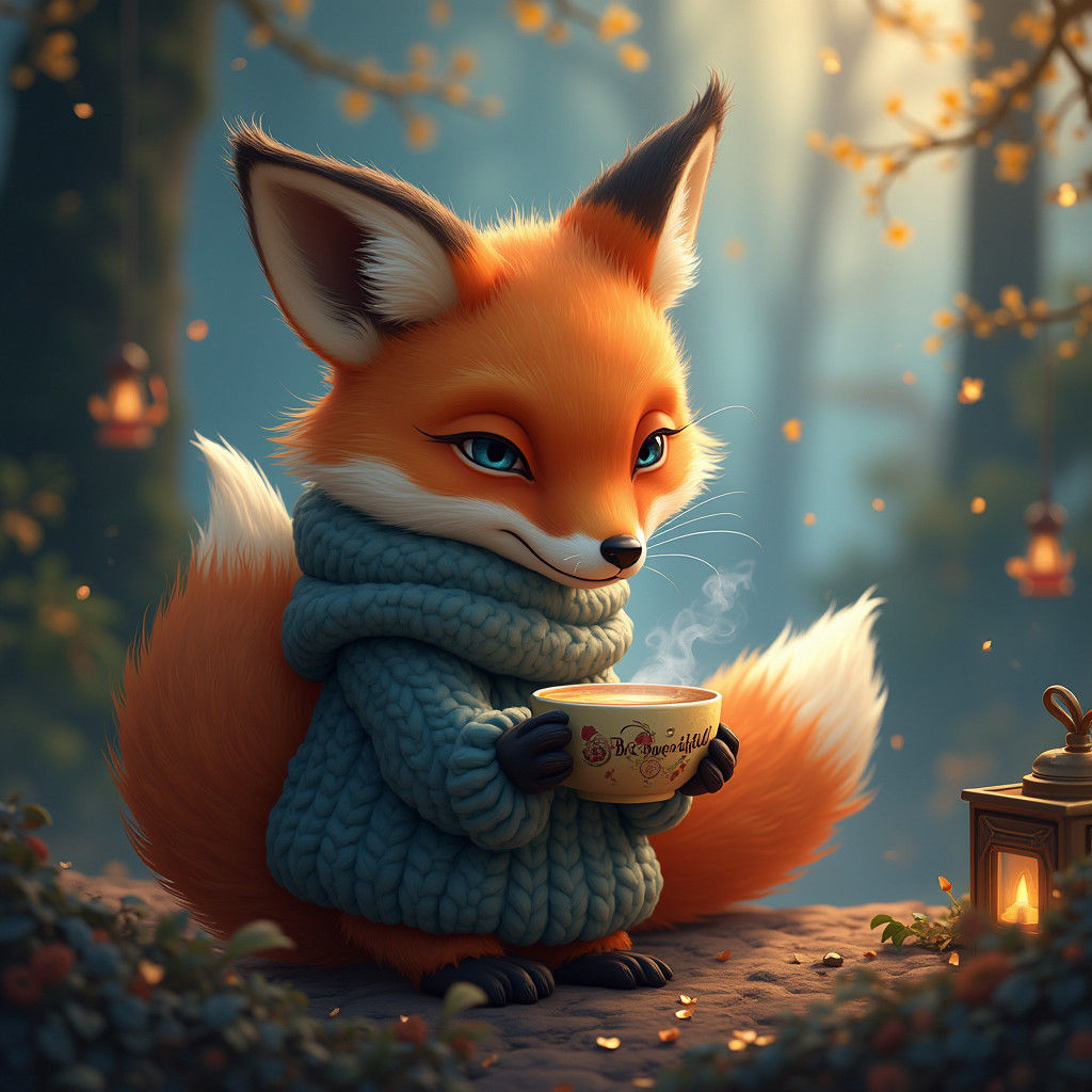 Cozy Fox Coffee Scene in Fantasy Style