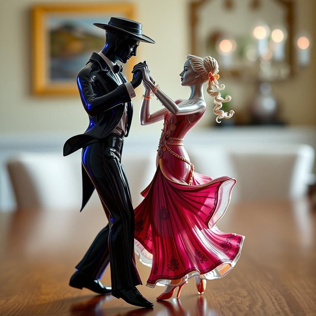 Enameled Glass Flamenco Dancers on Wooden Table