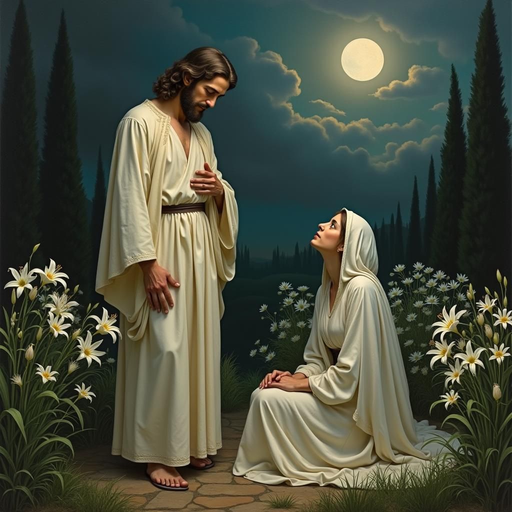 Jesus Christ Praying in Moonlit Garden