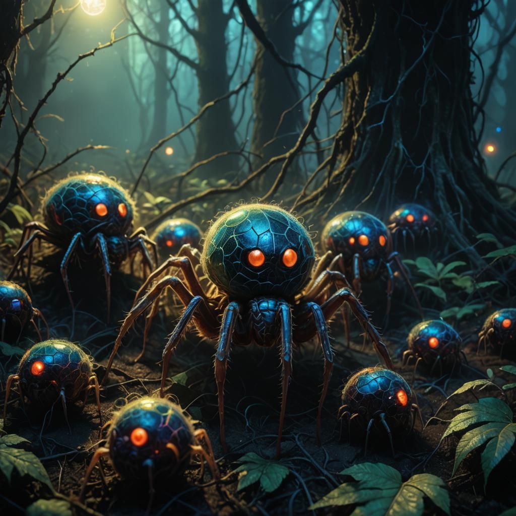 Eerie Human-Spider Hybrids in a Dark Surrealist Style