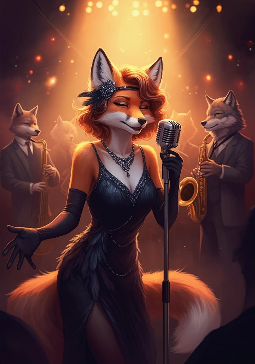 Anthropomorphic Fox Singer in 1920s Speakeasy