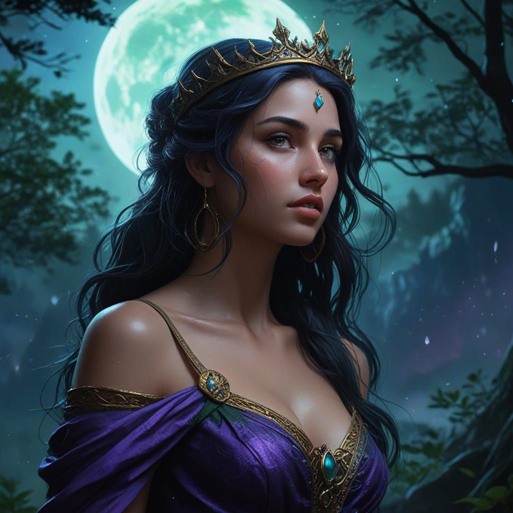 Aphrodite in Moonlit Forest: Fantasy Concept Art
