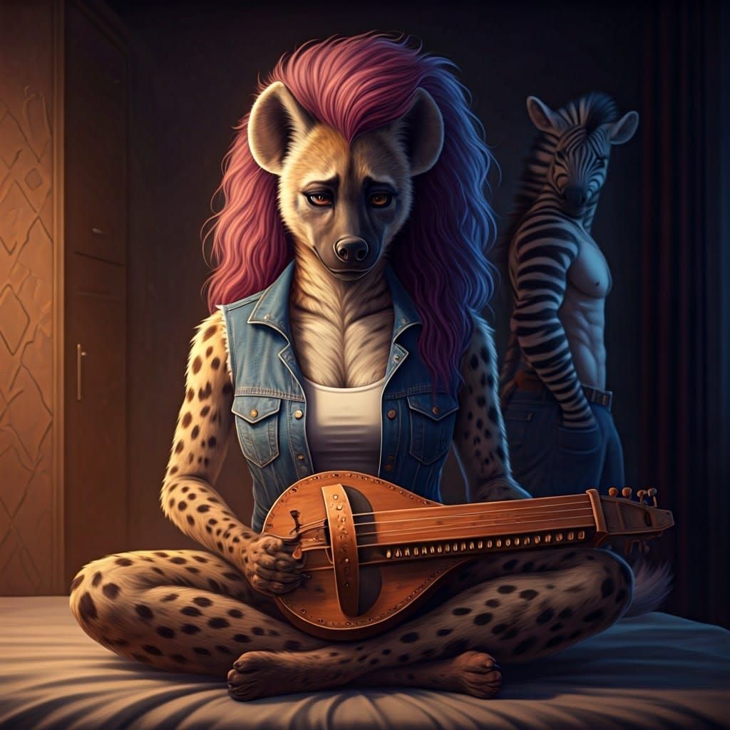 Anthropomorphic Hyena Woman Holds Hurdy-Gurdy, Surrounded by...