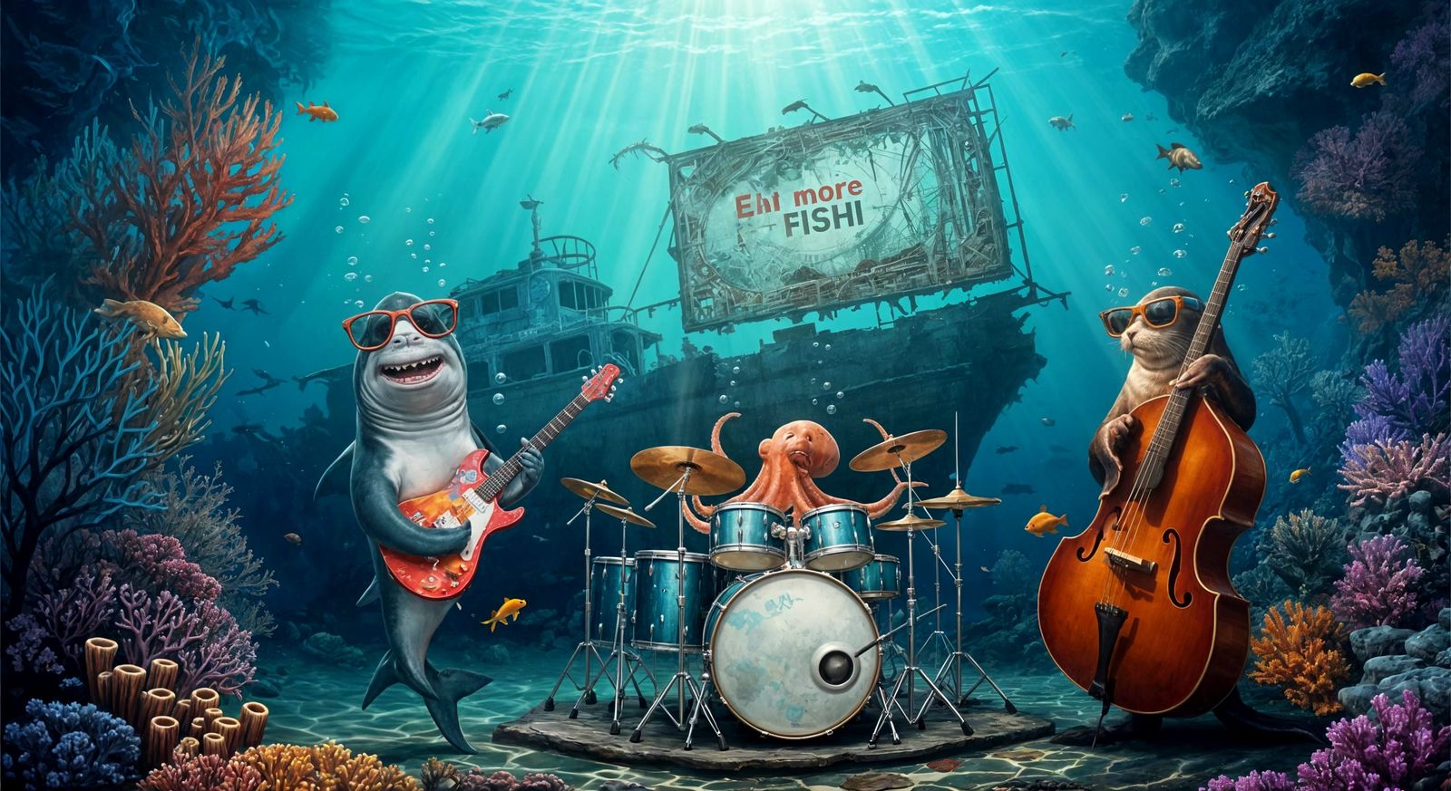 Underwater Band Plays at Shipwreck in Expressionist Style