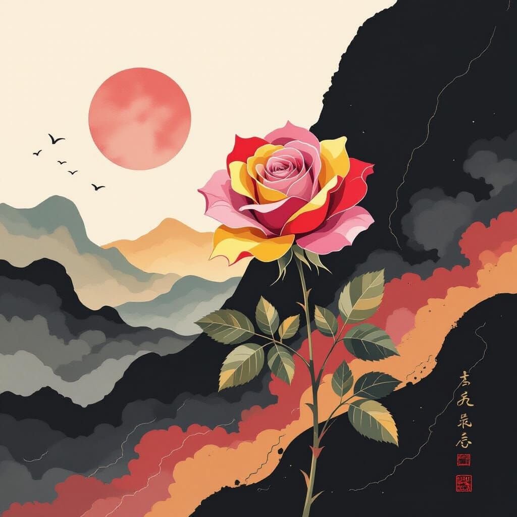 Cartoon Rose in Modern Ink Painting Style