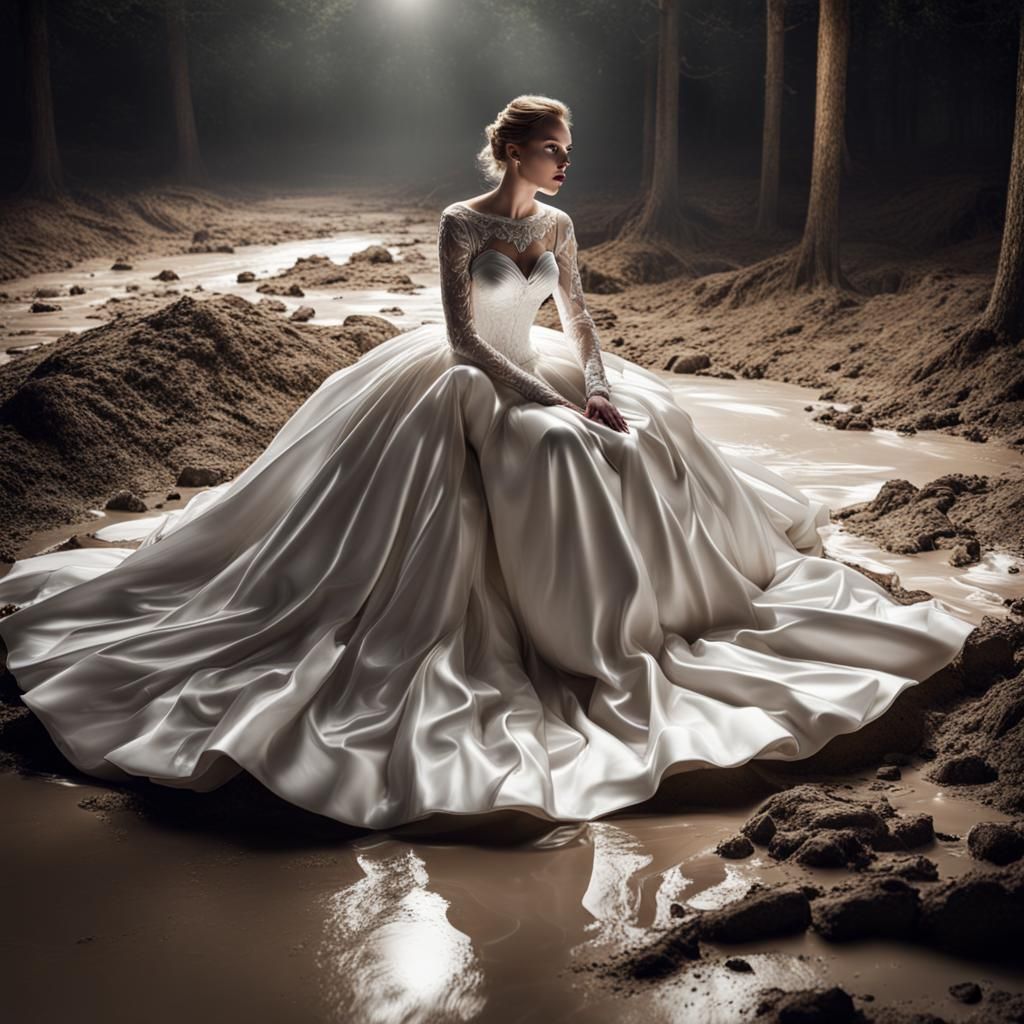 Woman in Satin Gown Laying in Mud