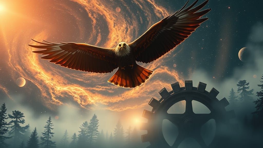 Majestic Eagle Soars Through Cosmic Nebulae Over Ancient Gea...