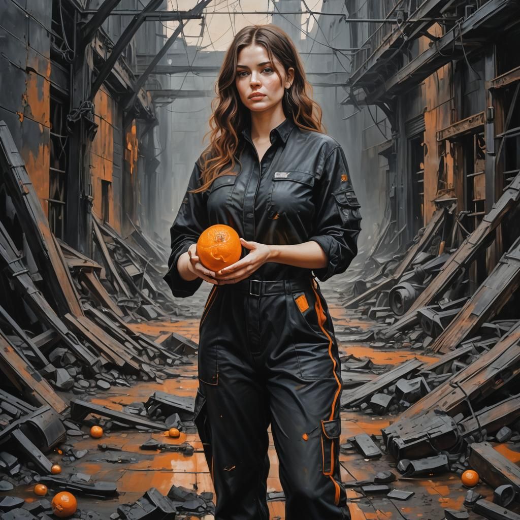 Woman Finds Hope: Orange in Post-Apocalyptic World