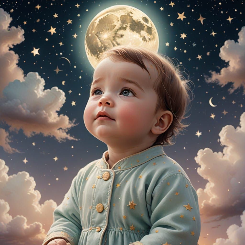 Whimsical Baby Gazing at the Moon and Stars