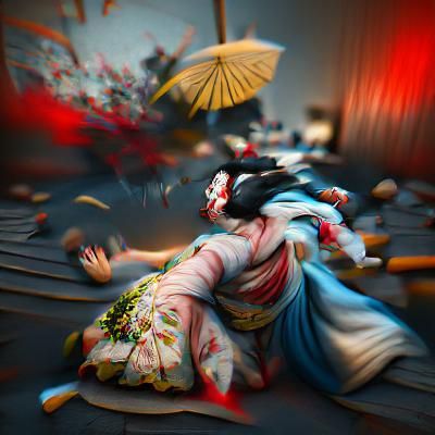 Geisha's Dramatic Death: A Beautifully Lit Japanese Painting