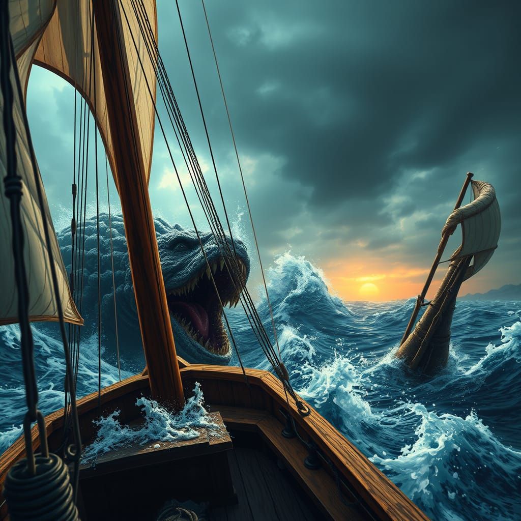 Surreal Battle Scene: Old Ship vs. Massive Sea Monster