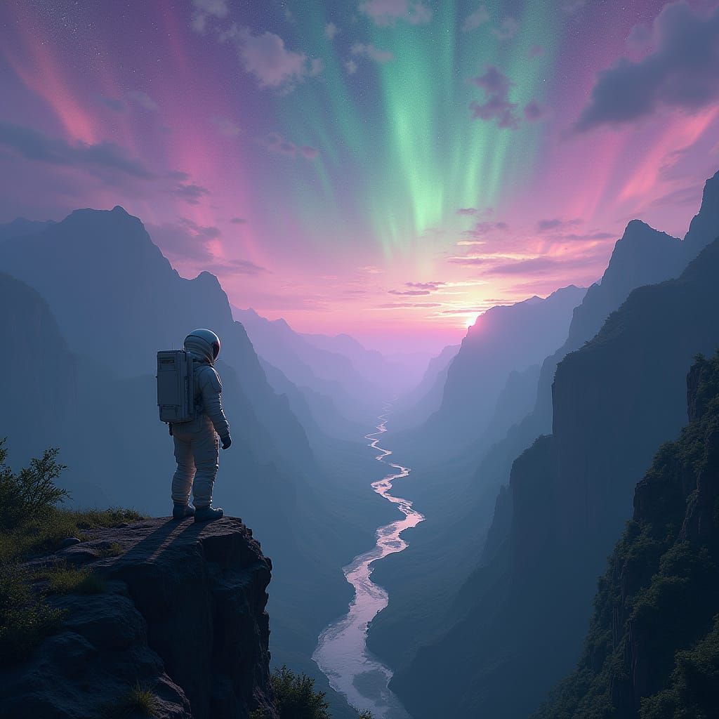 Astronaut Gazes at Verdant Valley River Under Starry Sky