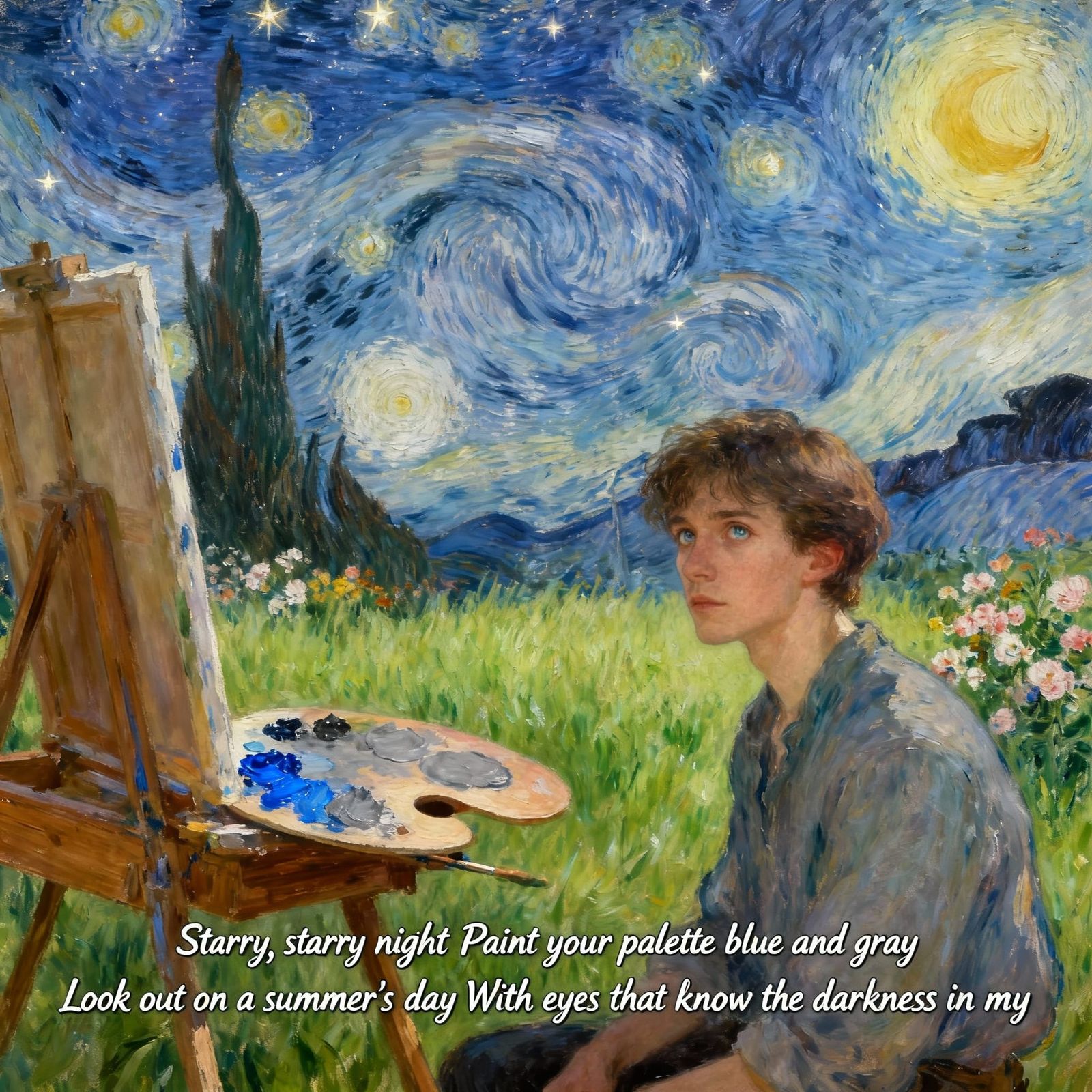 Starry Night Inspired Artwork with Blue and Gray Tones