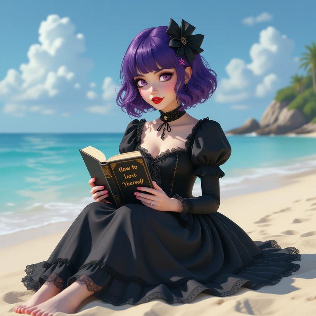 Goth Girl Reading on Beach in Pixar Style