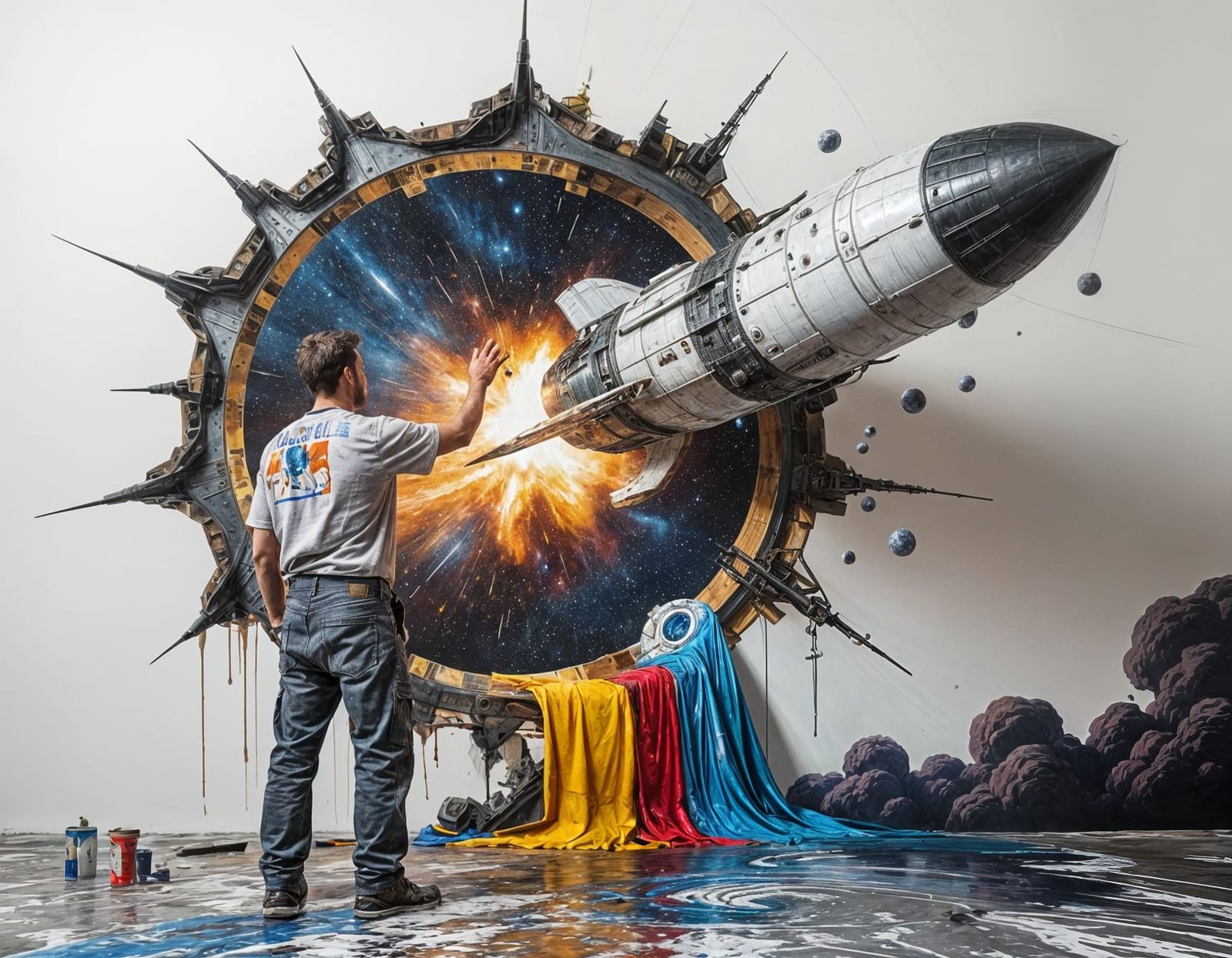 racket ship bursting out of a portal in a painting hanging o...