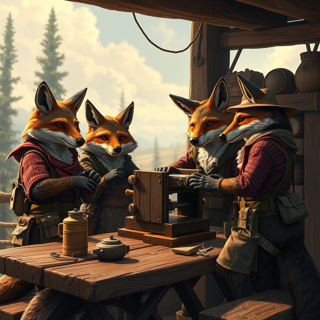 Furry Coyotes Build Vintage Printing Press in Whimsical Char...