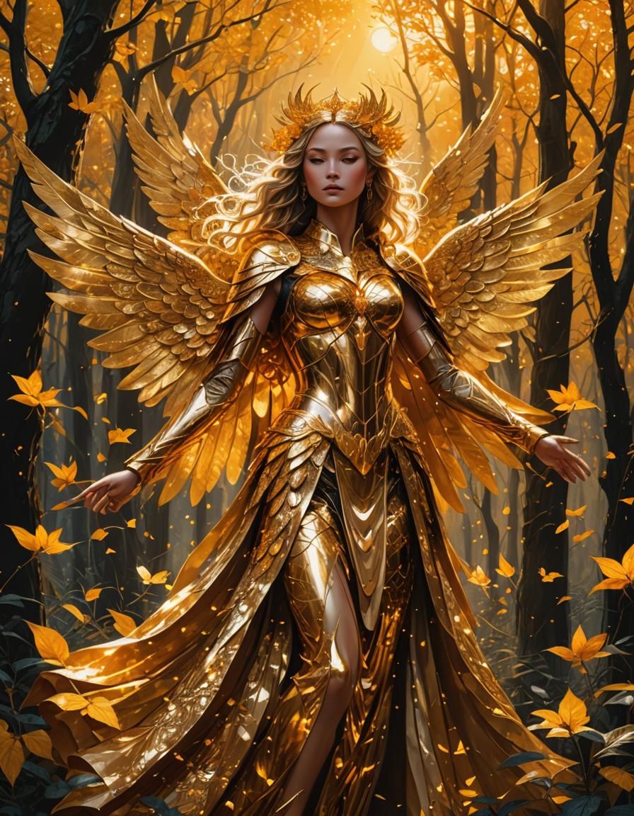 Golden Winged Woman in Forest, Fantasy Art