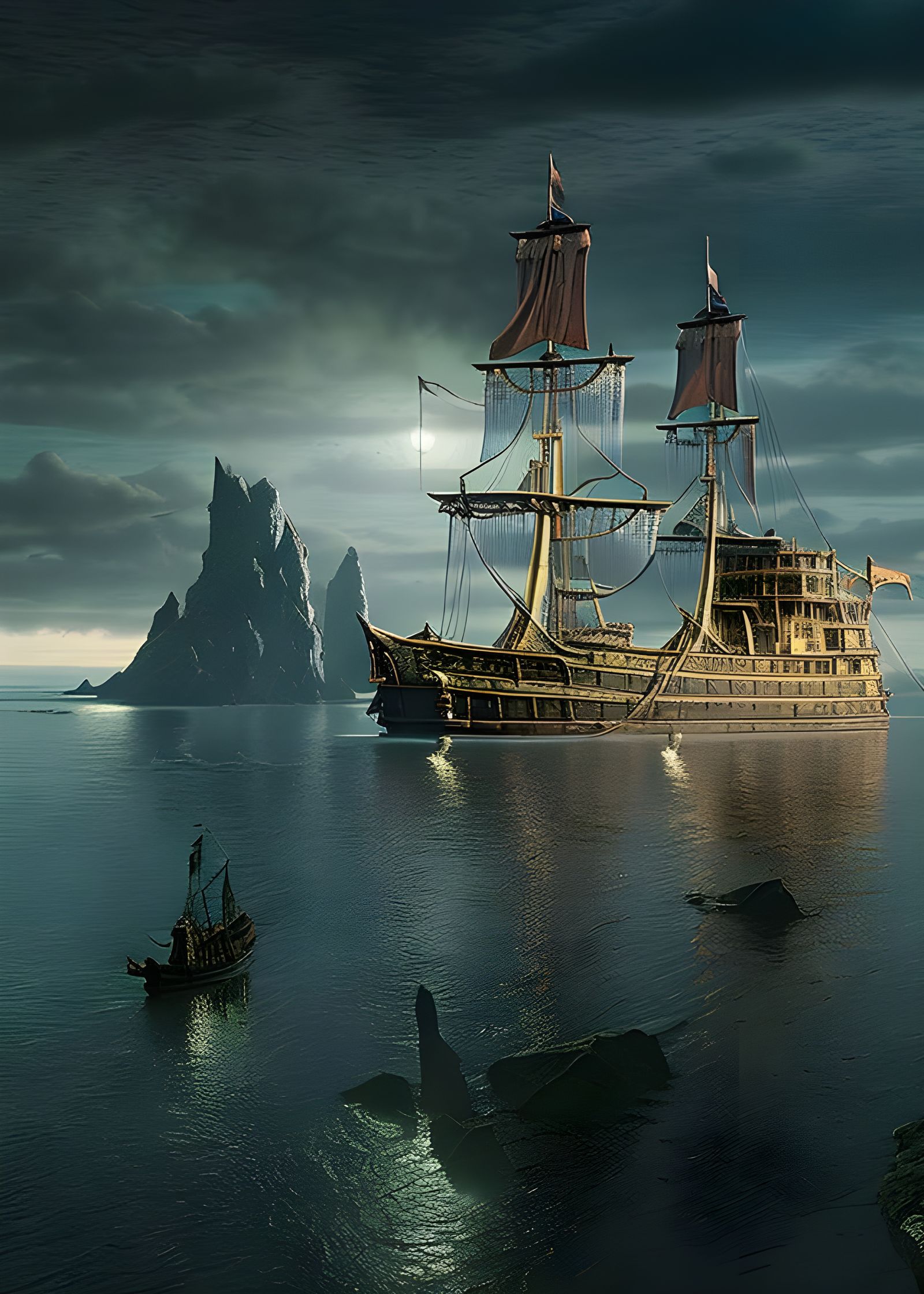 Pirate Ship in Bay: Dark Fantasy Concept Art