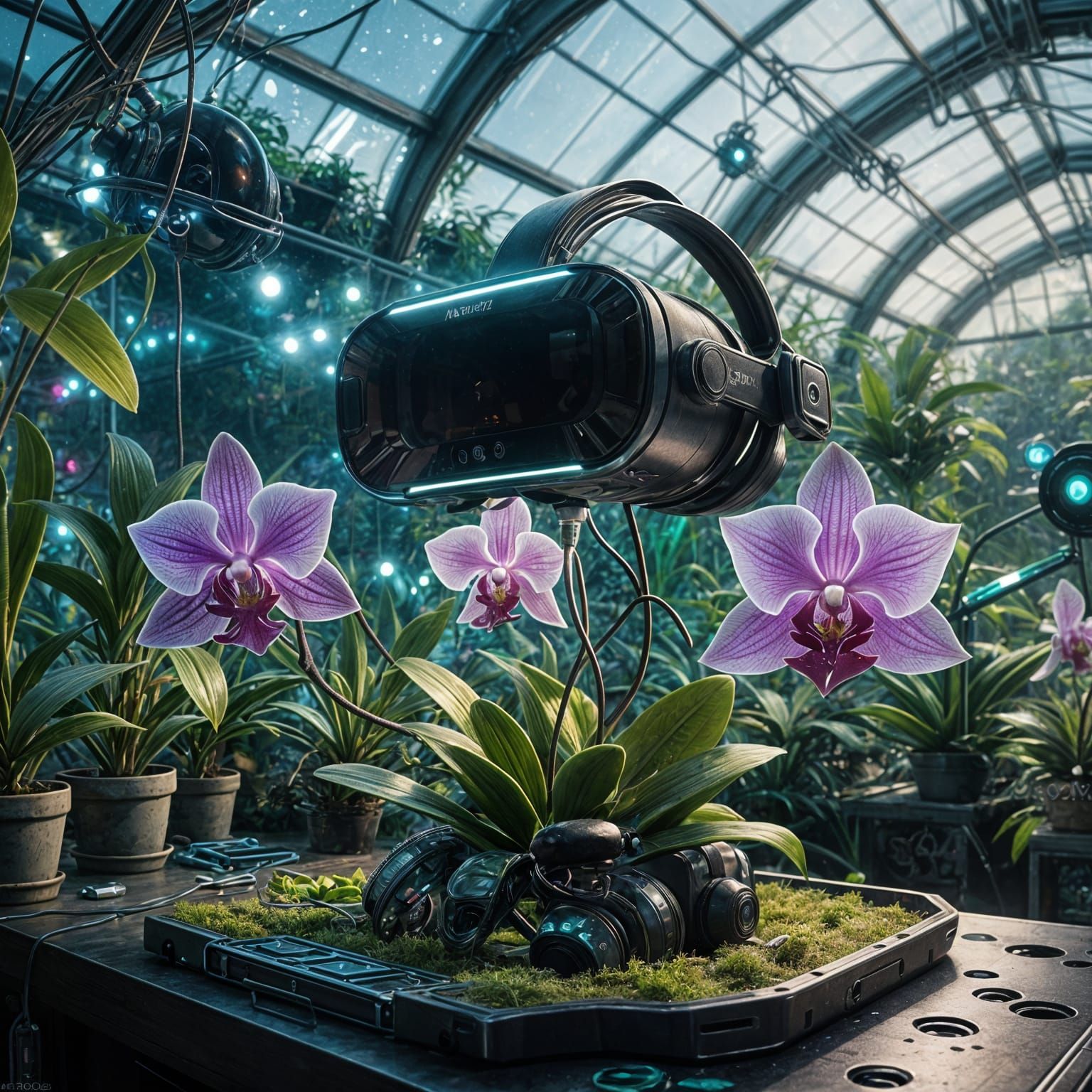 Bioluminescent Orchid in Futuristic Greenhouse, Digital Illu...