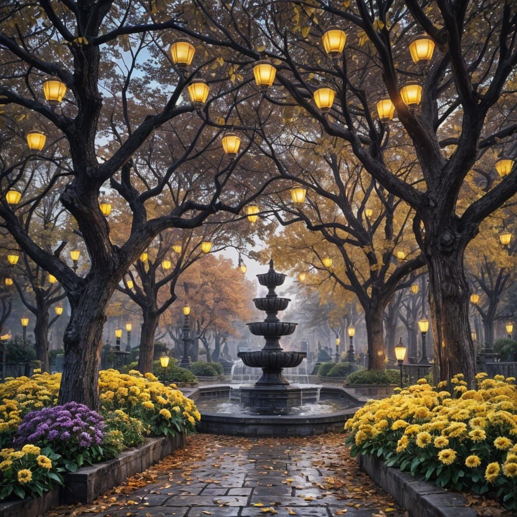 Autumn Park Alley with Faded Chrysanthemums: Dark Fantasy Ar...