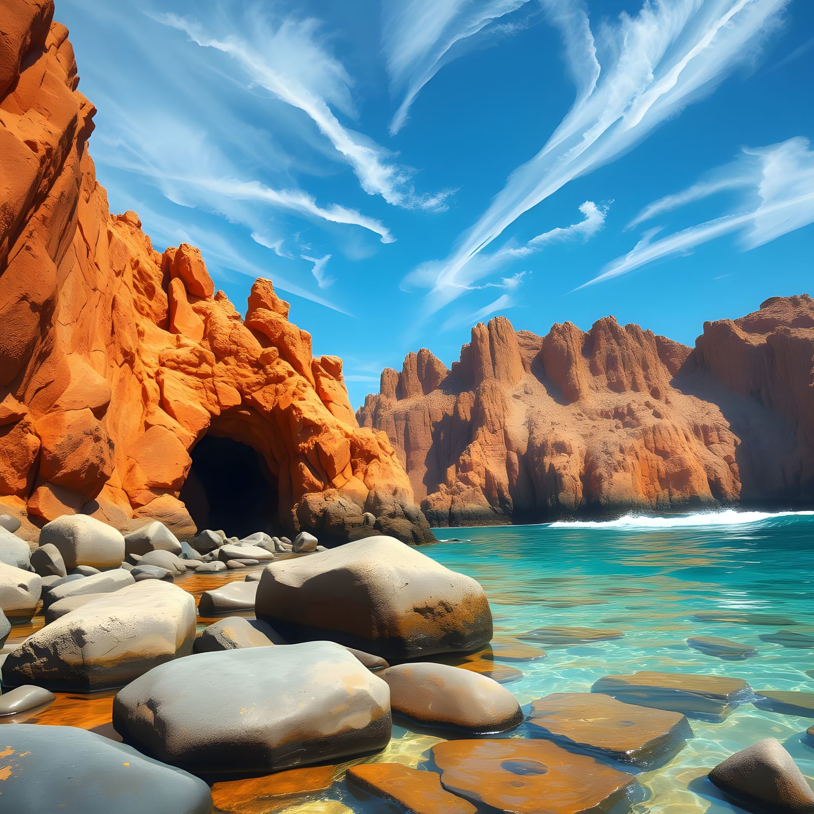 Vibrant Orange Rock Formations Illuminate Coastal Landscape