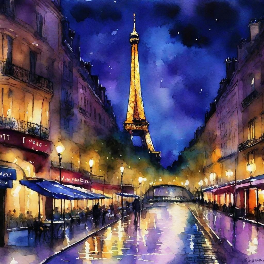 Parisian Street at Night in Watercolor Style