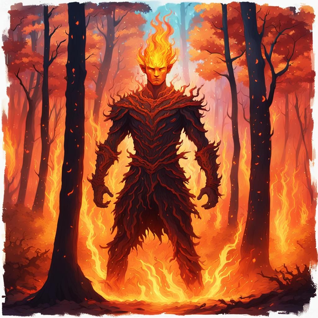 Fiery Avatar in Burning Forest: Oil Painting