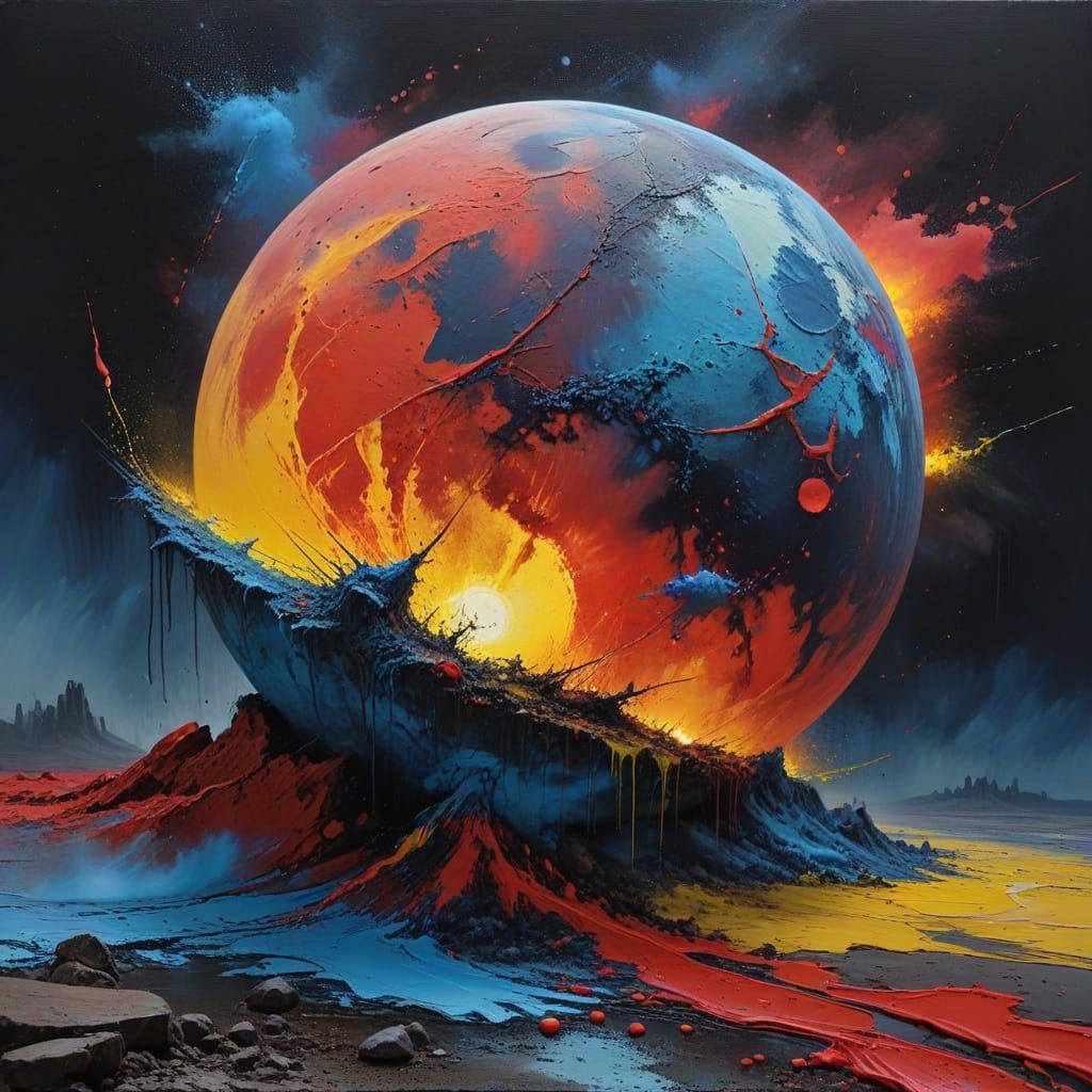 Ominous Action Painting of Red Moon & Earth