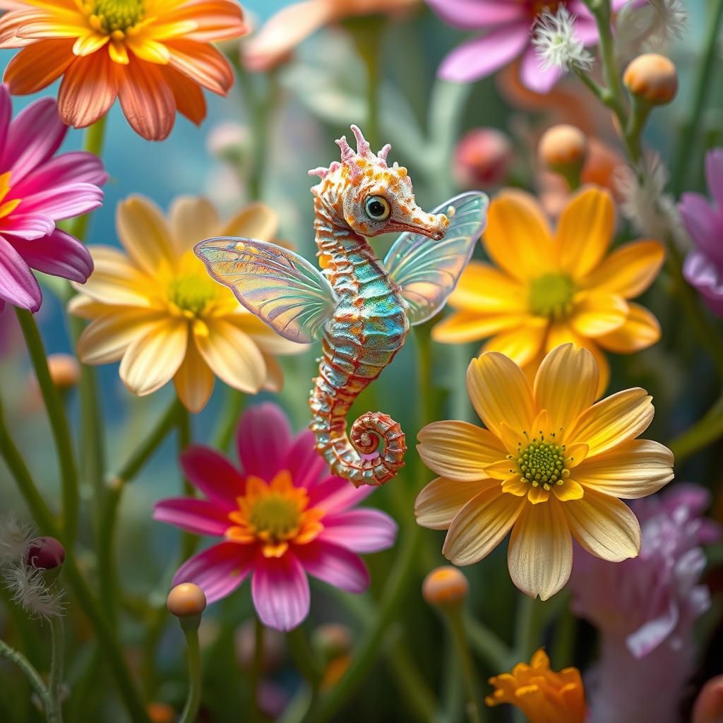 Whimsical Seahorse with Wings in Underwater Garden